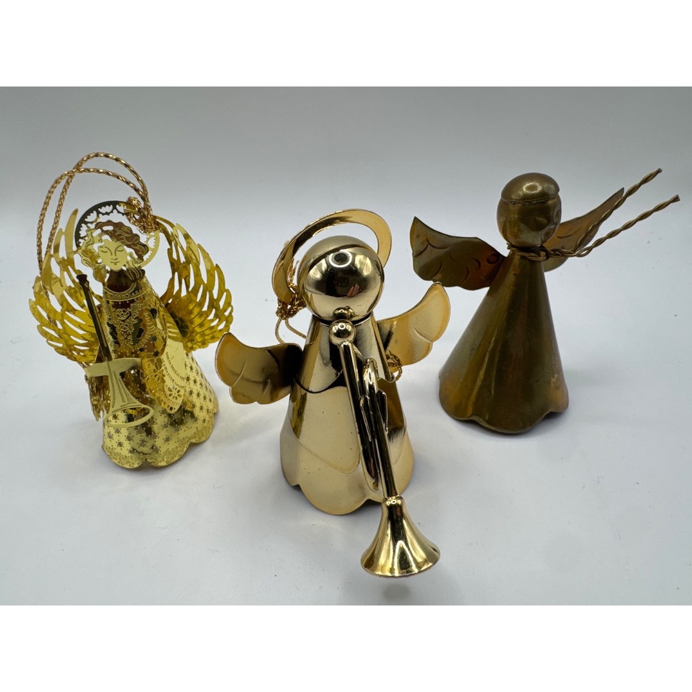 Vintage Gold Brass Metal Angel Ornaments Set of 3 Filigree Trumpet Celestial
